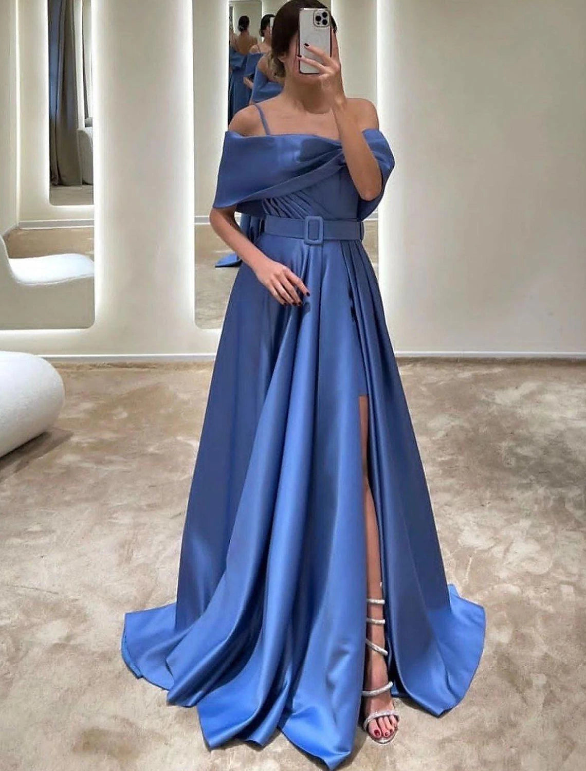 A-Line Evening Gown Elegant Dress Formal Floor Length Sleeveless Off Shoulder Satin with Crystals Slit Strappy