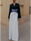 A-Line Evening Gown Elegant Dress Formal Floor Length Long Sleeve V Neck Satin with Pleats Ruched Slit