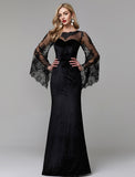 Sheath / Column Elegant Dress Wedding Guest Floor Length Long Sleeve Illusion Neck Lace with Lace Insert