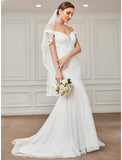 Reception Vintage Wedding Dresses A-Line Off Shoulder Cap Sleeve Sweep / Brush Train Lace Bridal Gowns With Lace Appliques