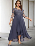 A-Line Plus Size Curve Mother of the Bride Dresses Elegant Dress Formal Asymmetrical 3/4 Length Sleeve Jewel Neck Chiffon with Pleats Ruched Appliques