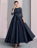 A-Line Mother of the Bride Dress Formal Wedding Guest Elegant Vintage Bateau Neck Ankle Length Satin Lace 3/4 Length Sleeve with Pleats Ruched