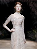 A-Line Prom Dresses Sparkle Dress Engagement Floor Length 3/4 Length Sleeve V Neck Sequined with Pleats Sequin