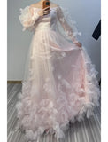 A-Line Prom Dresses Maxi Dress Sweet Floor Length Long Sleeve Scoop Neck Tulle with Appliques Butterfly