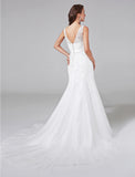 Wedding Dresses A-Line V Neck Sleeveless Court Train Lace Bridal Gowns With Sash / Ribbon Beading