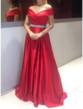 A-Line Evening Gown Elegant Dress Formal Sweep / Brush Train Christmas Red Green Dress Sleeveless Off Shoulder Satin with Pleats Crystals