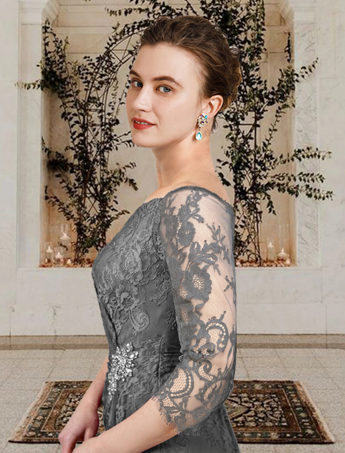 A-Line Mother of the Bride Dress Wedding Guest Plus Size Elegant Jewel Neck Floor Length Lace Short Sleeve with Ruffles Crystal Brooch Side-Draped Fall