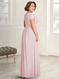 A-Line Mother of the Bride Dress Plus Size Elegant Jewel Neck Floor Length Chiffon Lace Short Sleeve with Pleats Appliques