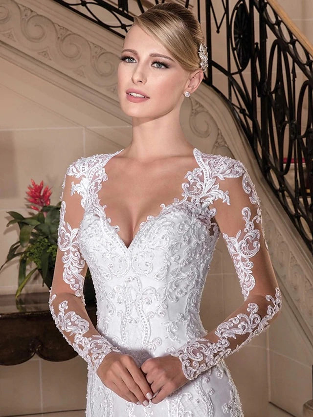 Engagement Formal Wedding Dresses Court Train Mermaid / Trumpet Long Sleeve Sweetheart Lace With Beading