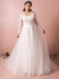 Hall Sparkle & Shine Wedding Dresses Court Train A-Line Long Sleeve Illusion Neck Satin With Buttons Ruched