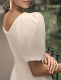 Hall Casual Wedding Dresses Mermaid / Trumpet Scoop Neck Short Sleeve Court Train Satin Bridal Gowns With Solid Color