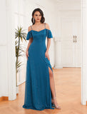 New Off Shoulder A-Line Side Split Sparkle Chiffon Bridesmaid Dress Adjustable Spaghetti Strap Ruffle Plus Size Evening