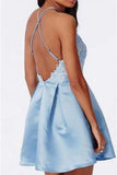 Halter Backless Lace Satin Homecoming Dresses