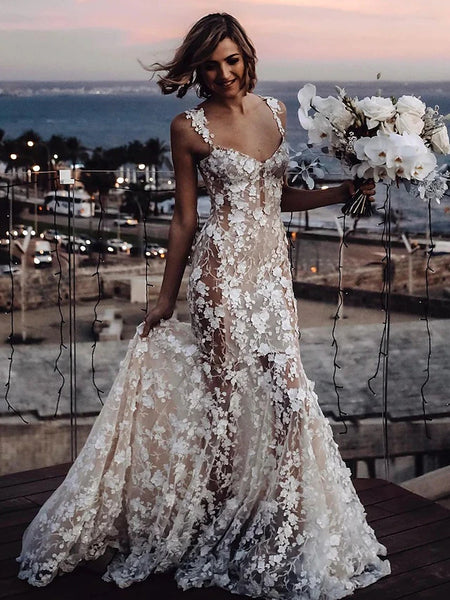 Beach Sexy Boho Wedding Dresses Court Train Mermaid / Trumpet Sleevele ...