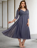 A-Line Mother of the Bride Dresses Plus Size Hide Belly Curve Elegant Dress Formal Tea Length Half Sleeve V Neck Chiffon with Buttons Appliques Fall