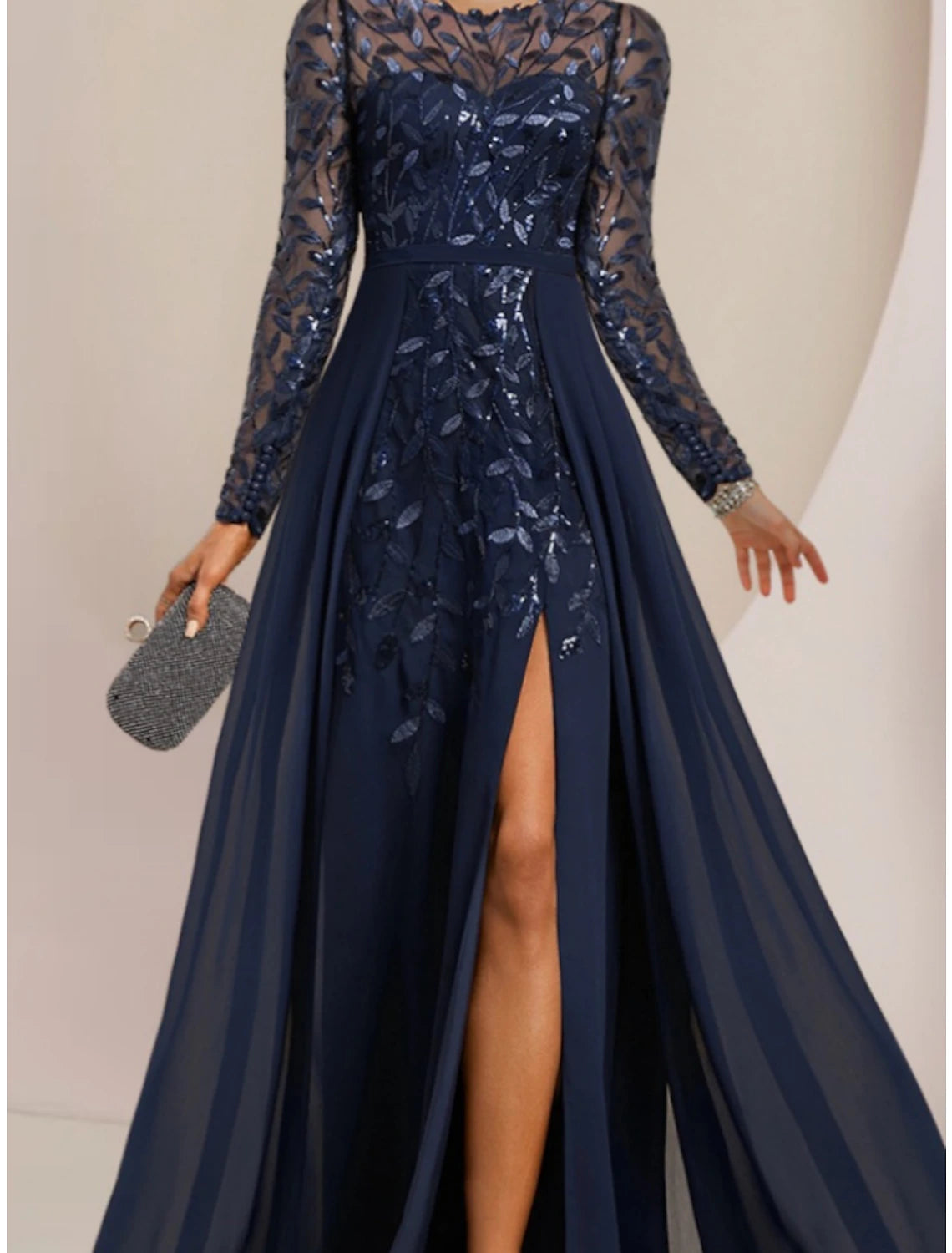 A-Line Mother of the Bride Dress Wedding Guest Elegant Scoop Neck Floor Length Chiffon Lace Sequined Short Sleeve with Sequin Ruching Sparkly main image 0