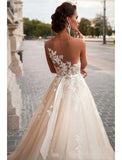 Engagement Open Back Formal Wedding Dresses Ball Gown Illusion Neck Sleeveless Court Train Satin Bridal Gowns With Appliques