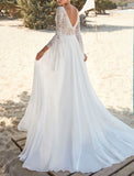 Beach Open Back Boho Wedding Dresses A-Line V Neck Long Sleeve Sweep / Brush Train Chiffon Bridal Gowns With Pleats