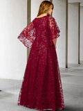 A-Line Mother of the Bride Dress Plus Size Elegant Jewel Neck Floor Length Lace Half Sleeve No with Sequin Appliques