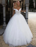 Wedding Dresses Ball Gown Off Shoulder Cap Sleeve Chapel Train Tulle Bridal Gowns With