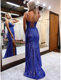 Mermaid / Trumpet Prom Dresses Sparkle & Shine Dress Formal Sweep / Brush Train Sleeveless V Neck Sequined Backless with Glitter Sequin