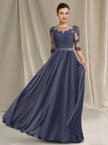 A-Line Mother of the Bride Dress Luxurious Elegant Jewel Neck Floor Length Chiffon Lace Tulle Half Sleeve with Crystals Appliques