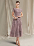 A-Line Mother of the Bride Dress Elegant Jewel Neck Tea Length Lace Tulle Short Sleeve with Appliques