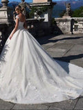 Engagement Open Back Sexy Formal Wedding Dresses Chapel Train Ball Gown Cap Sleeve Illusion Neck Lace With Appliques