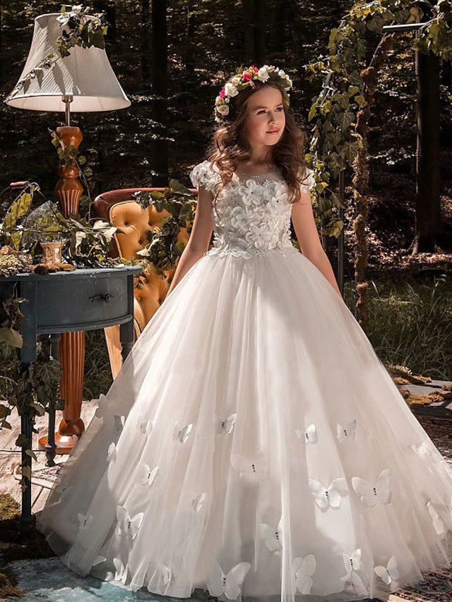 Ball Gown Court Train Flower Girl Dress First Communion Girls Cute Prom Dress Tulle with Lace Mini Bridal Beach Fit 3-16 Years