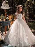 Ball Gown Court Train Flower Girl Dress First Communion Girls Cute Prom Dress Tulle with Lace Mini Bridal Beach Fit 3-16 Years