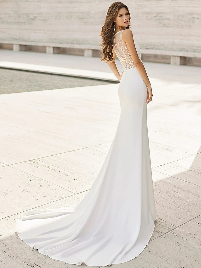 Beach Open Back Wedding Dresses Court Train Mermaid / Trumpet Sleeveless V Neck Satin Bridal Suits With Appliques