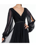 A-Line Evening Gown Empire Dress Holiday Floor Length Long Sleeve V Neck Chiffon V Back with Beading