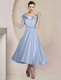 A-Line Mother of the Bride Dress Party Elegant Scoop Neck Tea Length Satin Lace Half Sleeve with Bow(s) Pleats