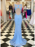 Trumpet/Mermaid Scalloped Neck Sleeveless Sweep Train Elastic Satin Prom Dress With Appliqued