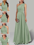 A-Line Wedding Guest Dresses Infinity Dress Wedding Party Floor Length Short Sleeve Halter Convertible Chiffon with Ruched