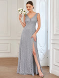 A-Line Evening Gown Elegant Dress Formal Floor Length Sleeveless V Neck Lace V Back with Slit Pure Color