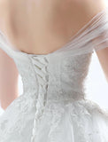 Hall Wedding Dresses Ball Gown Off Shoulder Sleeveless Cathedral Train Satin Bridal Gowns With Lace Beading