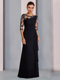 Sheath / Column Mother of the Bride Dress Formal Elegant Jewel Neck Floor Length Chiffon Lace 3/4 Length Sleeve with Beading Appliques