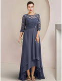 A-Line Mother of the Bride Dress Wedding Guest Elegant Jewel Neck Asymmetrical Chiffon Half Sleeve with Lace Crystal Brooch Ruching