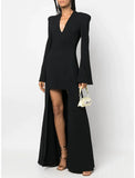 A-Line Evening Gown Elegant Dress Formal Asymmetrical Black Dress Long Sleeve V Neck Stretch Fabric with Pleats