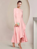 A-Line Mother of the Bride Dress Formal Wedding Guest Elegant High Low Scoop Neck Asymmetrical Ankle Length Stretch Fabric Long Sleeve with Ruffles