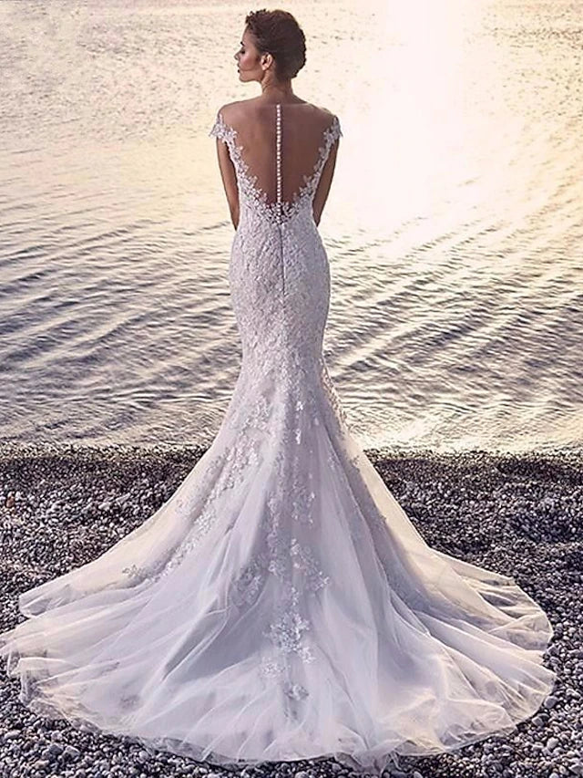 Beach Formal Wedding Dresses Court Train Mermaid / Trumpet Sleeveless Scoop Neck Off Shoulder Organza With Appliques