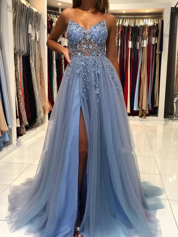 V Neck Open Back Beaded Long Prom Dresses
