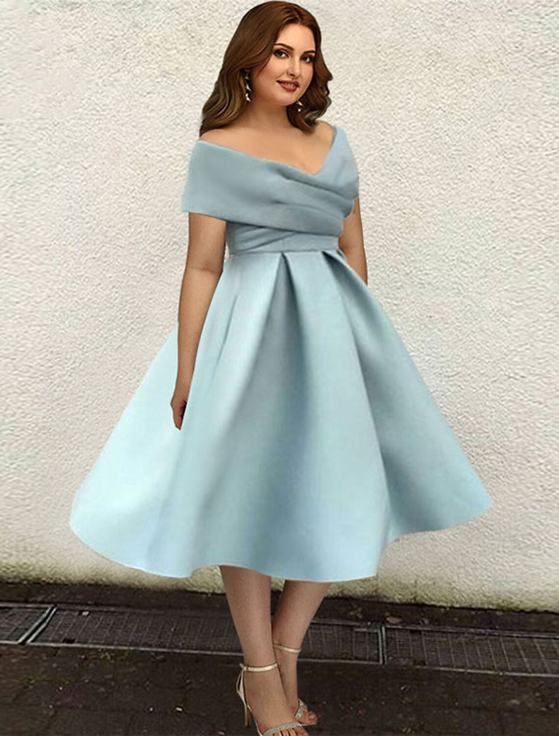 A-Line Cocktail Dresses 1950s Dress Wedding Guest Tea Length Short Sleeve V Neck Satin with Sleek Pleats Pure Color