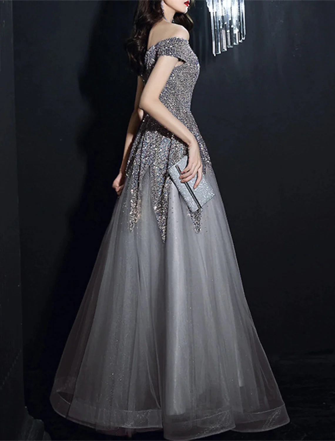 A-Line Prom Dresses Elegant Dress Formal Wedding Guest Floor Length Short Sleeve Off Shoulder Polyester with Sequin