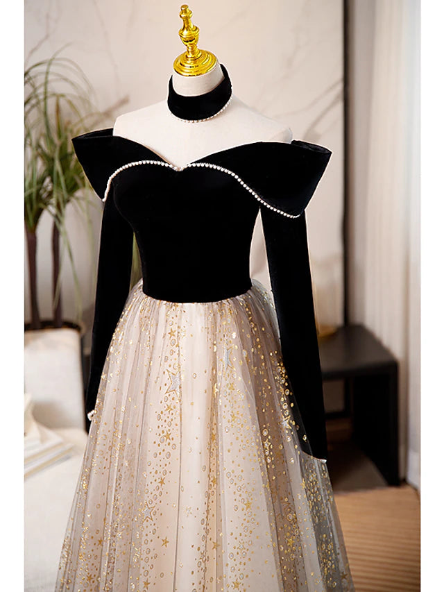 A-Line Prom Dresses Sparkle & Shine Dress Engagement Floor Length Long Sleeve Sweetheart Tulle with Sequin