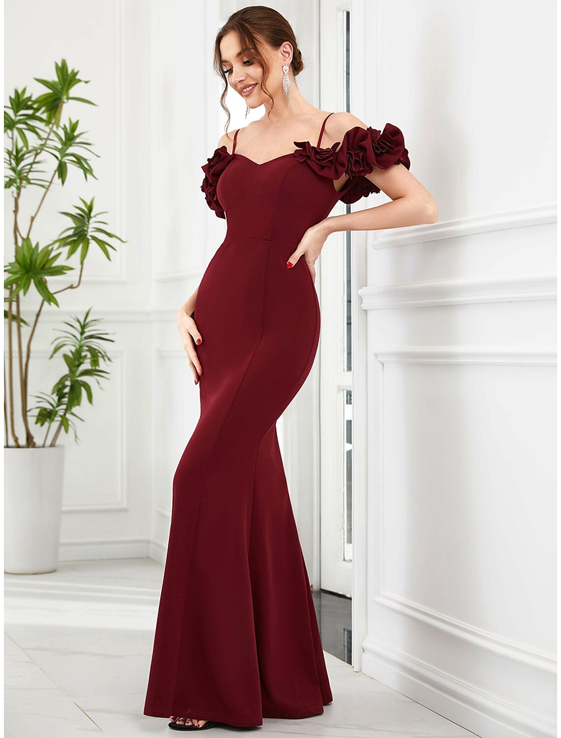 Mermaid / Trumpet Evening Gown Vintage Dress Engagement Floor Length Sleeveless Off Shoulder Polyester with Ruffles