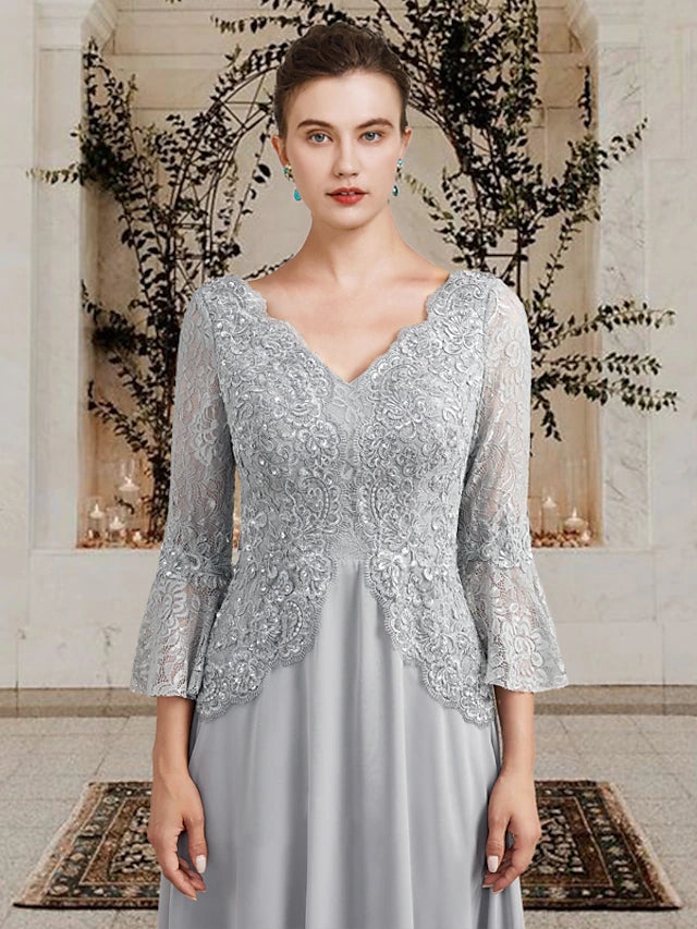 A-Line Mother of the Bride Dress Plus Size Elegant V Neck Floor Length