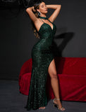 Mermaid / Trumpet Party Dresses Sparkle & Shine Dress Homecoming Floor Length Sleeveless Halter Sequined with Sequin Slit
