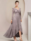 A-Line Mother of the Bride Dress Wedding Guest Elegant V Neck Asymmetrical Ankle Length Chiffon Long Sleeve with Ruffles Solid Color